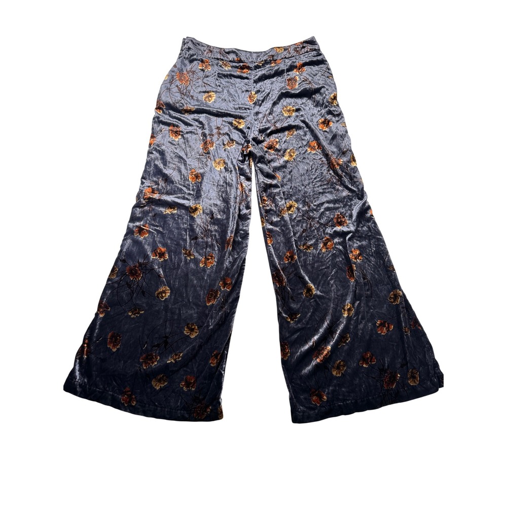 Anthropologie Ett Twa Velvet Floral Wide Leg Pants Grey Orange Large High Rise - Picture 3 of 7
